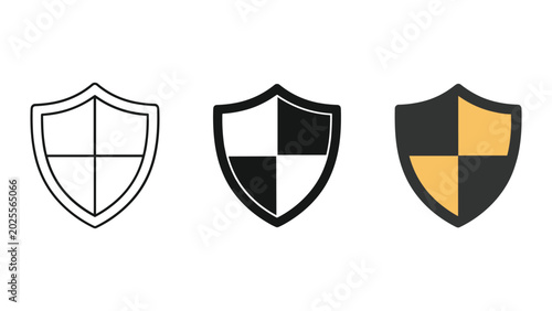 Security shield icon set with three variations including simple outline black silhouette and yellow accented flat design for data protection and safety concepts
