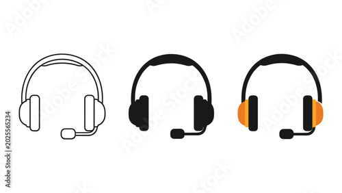 Modern noise cancelling headphones icon set featuring office audio gear with overhead band and microphone in outline solid and colorful styles for music or work from home communication equipment