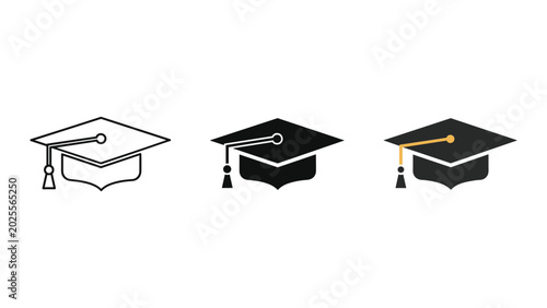 Academic graduation cap icon set featuring mortarboard hat with tassel in outline solid and color highlighted styles for school university education and commencement ceremony graphics on white
