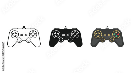Video game controller icon set showing modern gamepad console accessory in outline solid and flat multi-colored styles for gaming entertainment and esports app interface design on white background