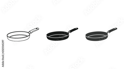 Kitchen frying pan icon set featuring culinary cookware equipment with handle in outline solid and dark grey styles for restaurant menu or cooking blog design elements isolated on white background
