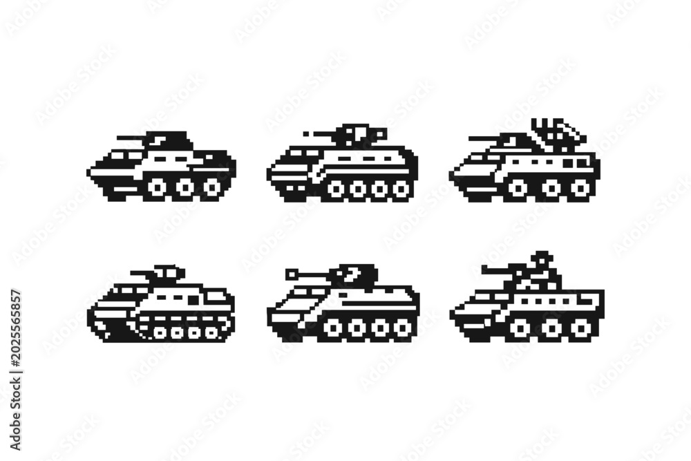 Obraz premium Collection of pixel art tanks in various designs and configurations