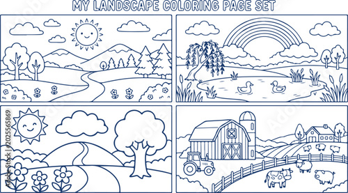 Bild auf Leinwand Childrens landscape coloring page set with farms gardens and nature scenes