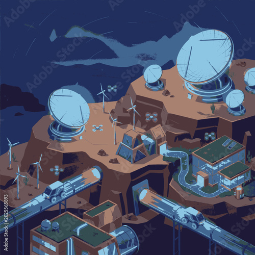 Photos Futuristic research outpost on a rocky planet with wind turbines and satellite dishes