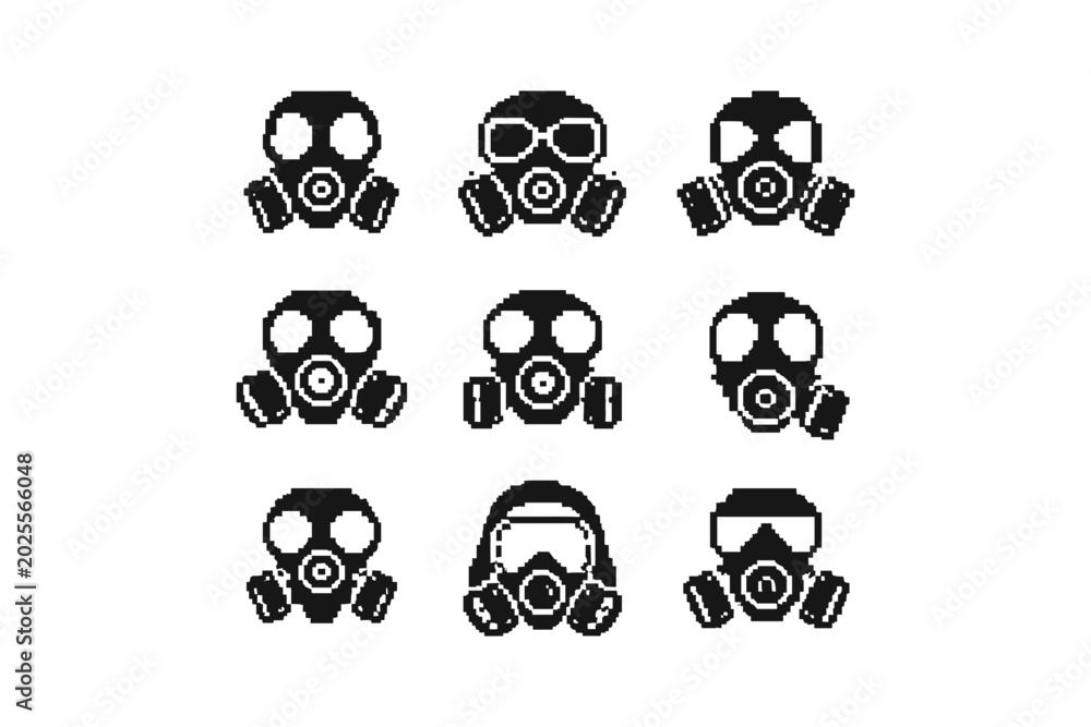 Obraz premium Collection of pixel art gas mask icons for protection and safety themes
