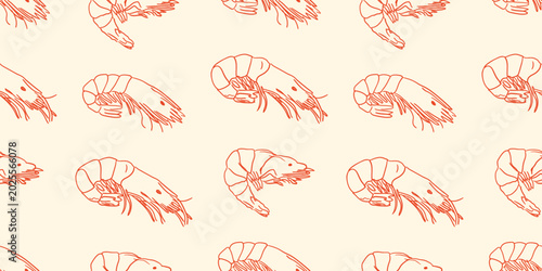 Seamless pattern with hand drawn shrimps. Vector line background in retro style. Sketch vintage seafood illustration