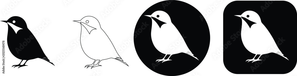 Fototapeta premium Stylized bird variations in silhouette and outline on a white background, symbol black