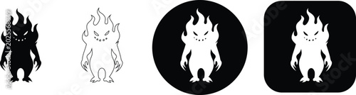 Canvas Print Four stylized fire monster in black and white including a solid silhouette a lin