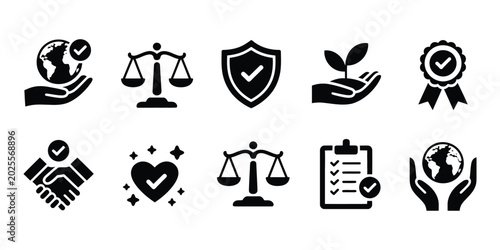 Schilderij op canvas Business ethics solid icon set featuring corporate responsibility, legal compliance, integrity, and leadership symbols