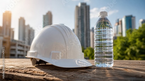 White hard hat and plastic water bottle sitting on wooden surface against city skyline background emphasize heat stroke prevention safety