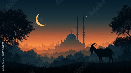 A serene landscape of a mosque at sunset with a goat in the foreground under a crescent moon