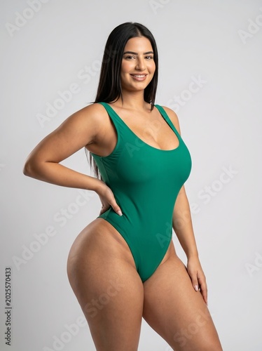 Confident young woman with a radiant smile showcasing her elegant curves in a stylish emerald green one-piece swimsuit, exuding body positivity and self-assurance in a brightly lit studio setting