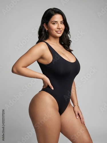 Empowering and stylish woman confidently showcases a vibrant red one-piece swimsuit in a captivating studio portrait, exuding elegance and modern fashion appeal with a sleek, glossy finish