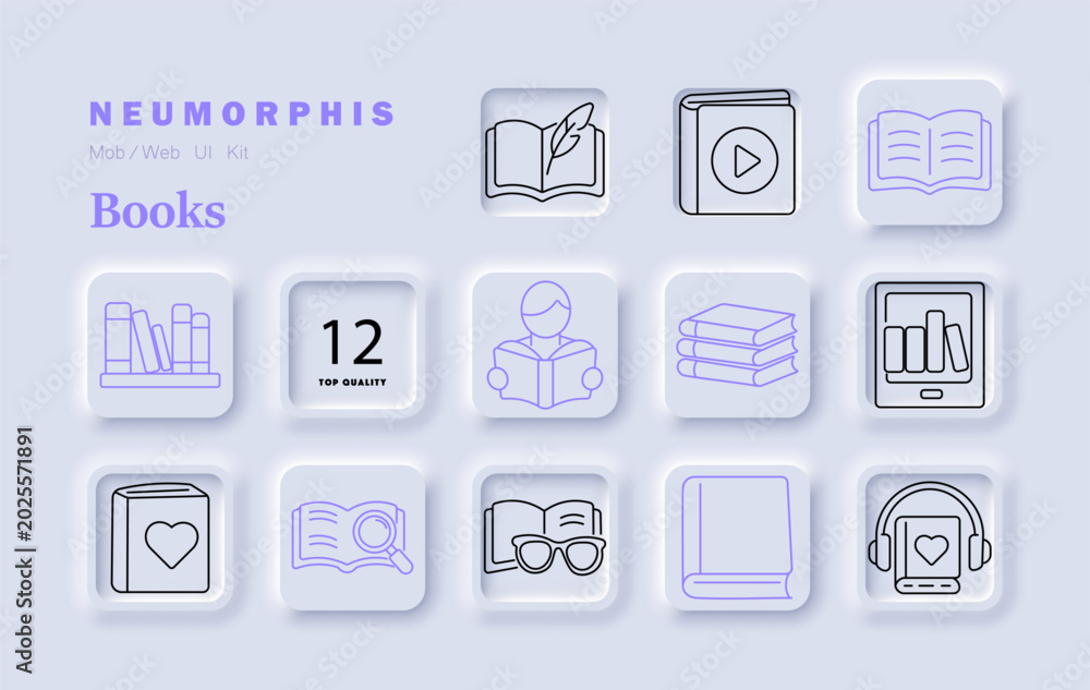 Fototapeta premium Books set icon. Open book feather audiobook reader stack tablet heart cover magnifier glasses closed book headphones reading line style neumorphic tiles.