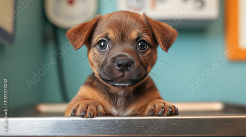 Adorable Brown Puppy With Big Eyes Looking Over Table at Veterinary Clinic Portrait