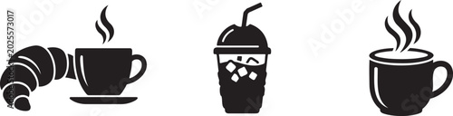 Photos Black icons of coffee cup, croissant, and cold drink