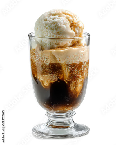 Affogato dessert with vanilla ice cream melting into hot espresso coffee in a clear glass goblet isolated on a clean studio surface for cafe advertising and menu design