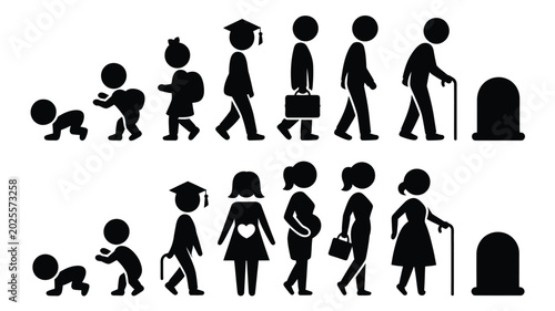 Human life cycle silhouettes showing growth stages from baby to elderly concept
