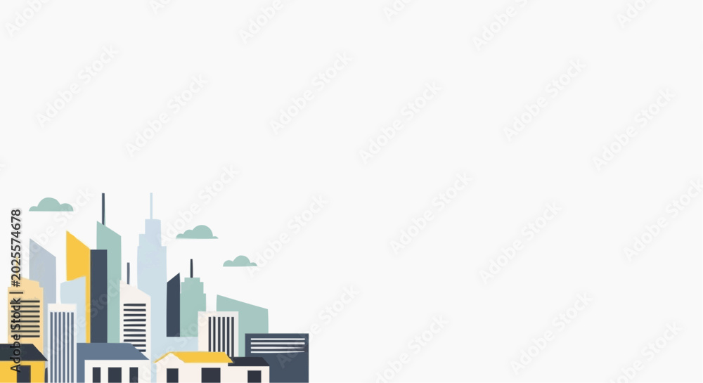 Fototapeta premium Modern City Skyline with Geometric Buildings and Clouds in Flat Design Style