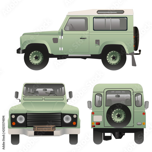 Véhicule tout-terrain, de couleur verte, vue de dos, de face et profil sur fond blanc