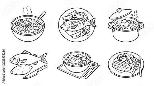 Six hand-drawn illustrations of various seafood and potato dishes with line art illustration preparation potatoes steaming appetizing ingredient nutritious restaurant delicious culinary