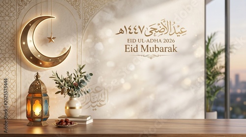 Elegant Eid ul-Adha 2026 greeting background with a glowing crescent, traditional lantern, and Arabic calligraphy.