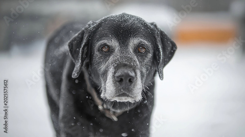Senior Black Labrador Dog Close-Up Portrait in Snowy Winter Landscape With Gentle Brown Eyes