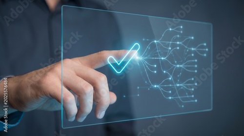 Person Touching Digital Checkmark Icon on Transparent Interface