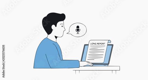 Person speaking into microphone dictating a long report on laptop computer
