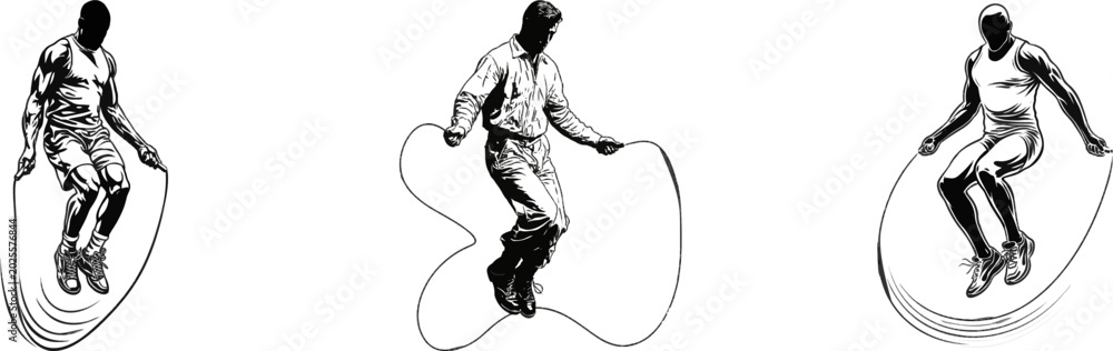 Obraz premium A muscular athlete performs a dynamic skipping rope routine, their silhouette sharply outlined against a stark white background, capturing the fluidity of motion in bold black strokes