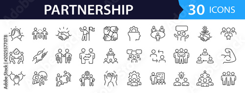 Partnership Web Icon Set in Linear Style. Collection of Collaboration line icons, including agreement, plan, teamwork, synergy, success and win-win solution, cooperative and more. Editable stroke