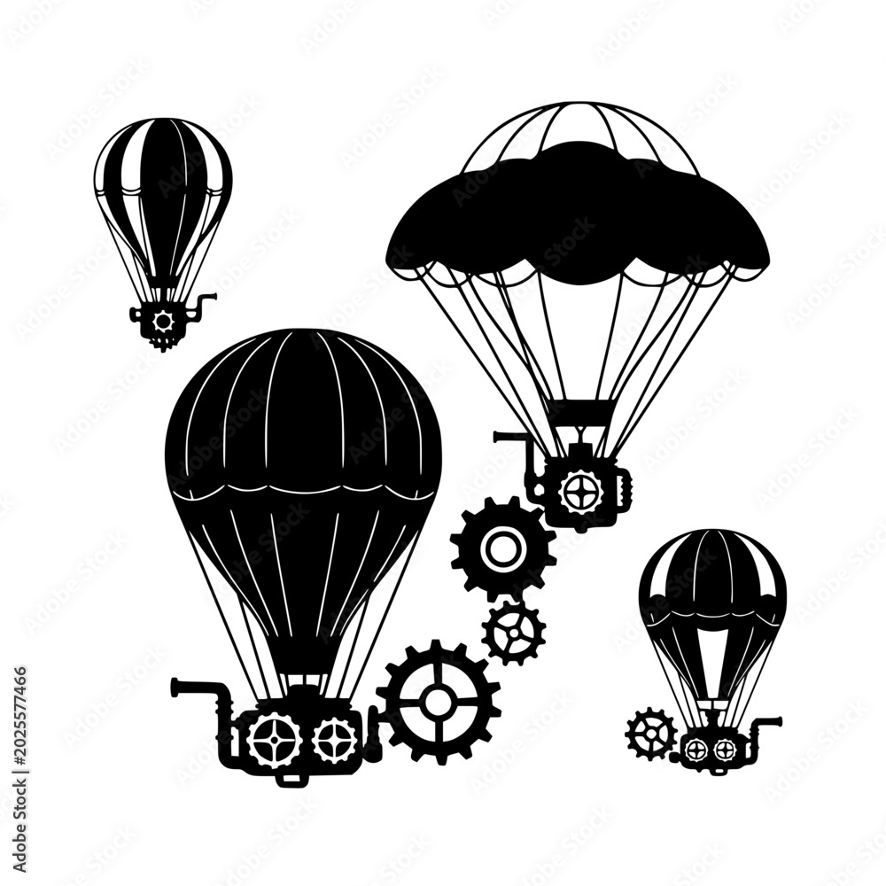 Naklejka premium Steampunk Silhouette Collection of Parachutes and Balloons with Gears and Cogs