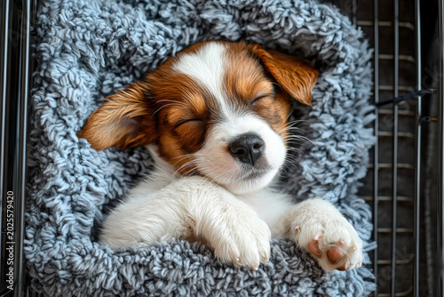 Sleeping Puppy Curled in a Cozy Soft Blanket Inside a Crate, Cute Small Dog Resting