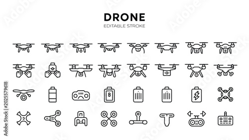 Drone editable stroke icon set with flying quadcopter technology symbols collection