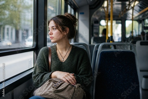 Young woman thoughtfully gazing out of bus window during commute reflecting on journey and urban scenery passing by