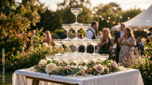 Champagne tower decorated with flowers at outdoor wedding reception  