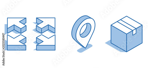 Isometric vector icon set of a box next to a location icon and arrows in four directions on a white background, parcel delivery