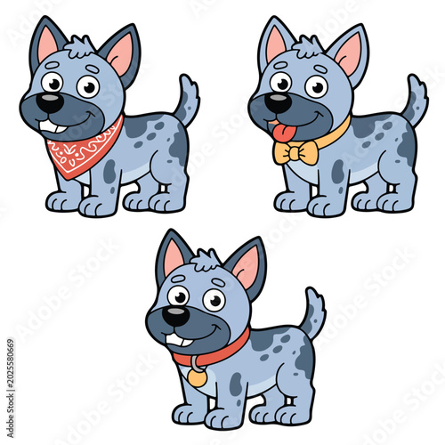 Three cute cartoon blue heeler puppies featuring different accessories and playful expressions designed as a high quality vector illustration for children and various creative design projects