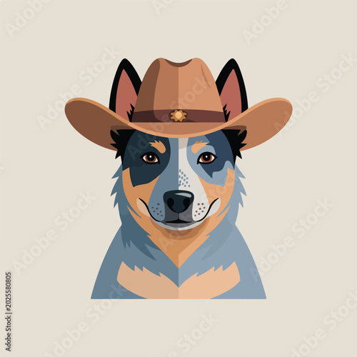 Professional vector illustration of a friendly blue heeler dog wearing a stylish western cowboy hat created in a clean flat design style for your creative project