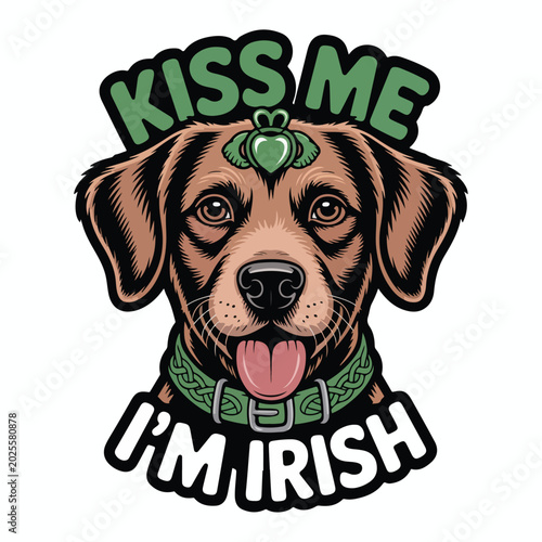 Cute brown dog wearing a green collar and a claddagh symbol for saint patrick day celebration in this colorful vector illustration for holiday greeting cards