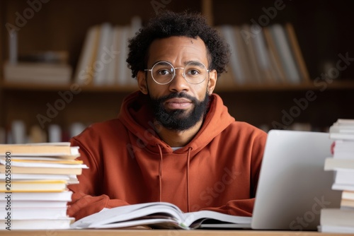 A student is focused on learning with printed materials and a laptop on a table surrounded by books in a library