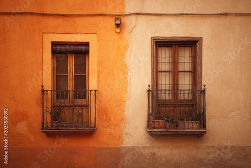 Two windows sit across from each other on separate walls. One wall is orange, and the other is a neutral color. Each window has a balcony with plants