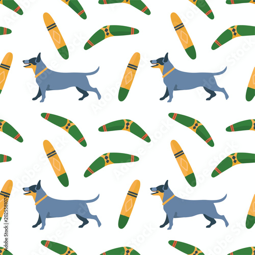 Seamless vector pattern featuring stylized blue dog figures and wooden boomerangs arranged in a playful repeating decorative layout for various creative textile and surface print projects
