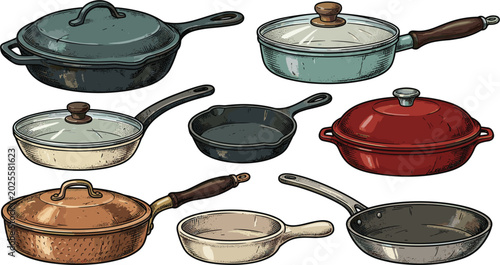 Photos Vintage kitchen pans and frying skillets set, hand drawn vector illustration of
