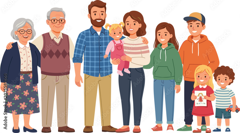 Obraz premium Happy multi generational big family portrait, flat vector illustration of relatives standing together isolated on white