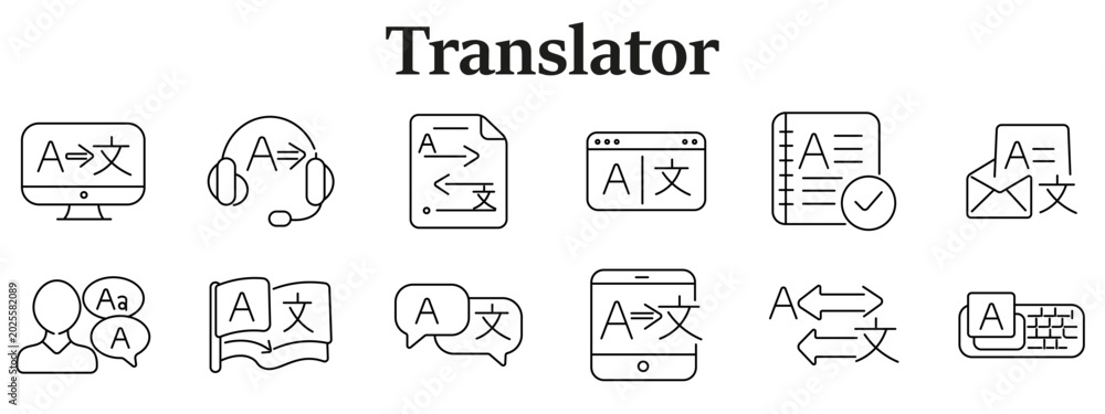 Fototapeta premium Translator interface set icon. Monitor translation, headset service, document arrows, browser window, checklist file, mail translation, user bubbles, flag dictionary, speech bubbles