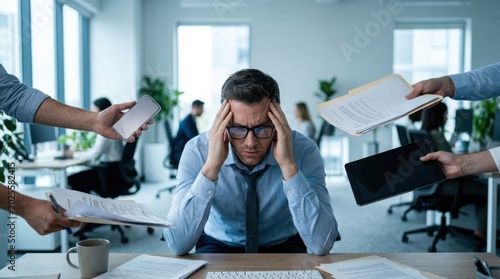 Stressed Businessman Overwhelmed by Workload and Digital Devices in Modern Corporate Office, Burnout Concept with Hero Header Layout