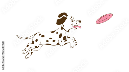 Happy spotted dalmatian dog running quickly through the air to catch a flying pink plastic disc in this colorful and playful digital vector illustration design