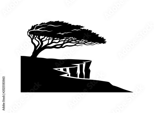Black silhouette tree on cliff, landscape vector icon, minimalist design, nature symbol