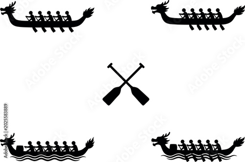 Black silhouettes of dragon boats with people rowing and oars